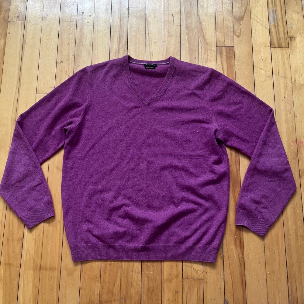 Massimo Dutti Mens Purple 100% Cashmere V-Neck Sweater Size L Fine Knit Luxury